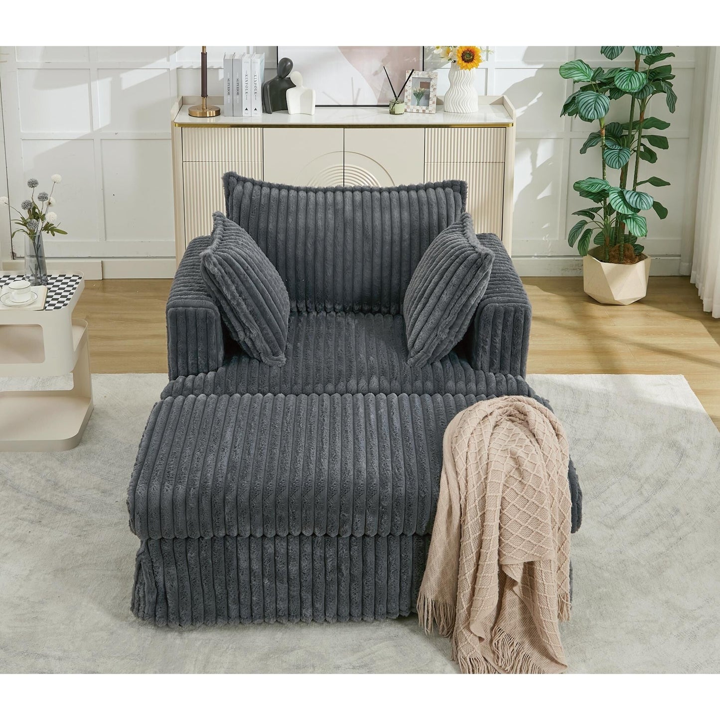 Fauteuil inclinable surdimensionné en velours côtelé, fauteuil à siège profond, canapé simple rembourré et épais avec oreiller et pouf