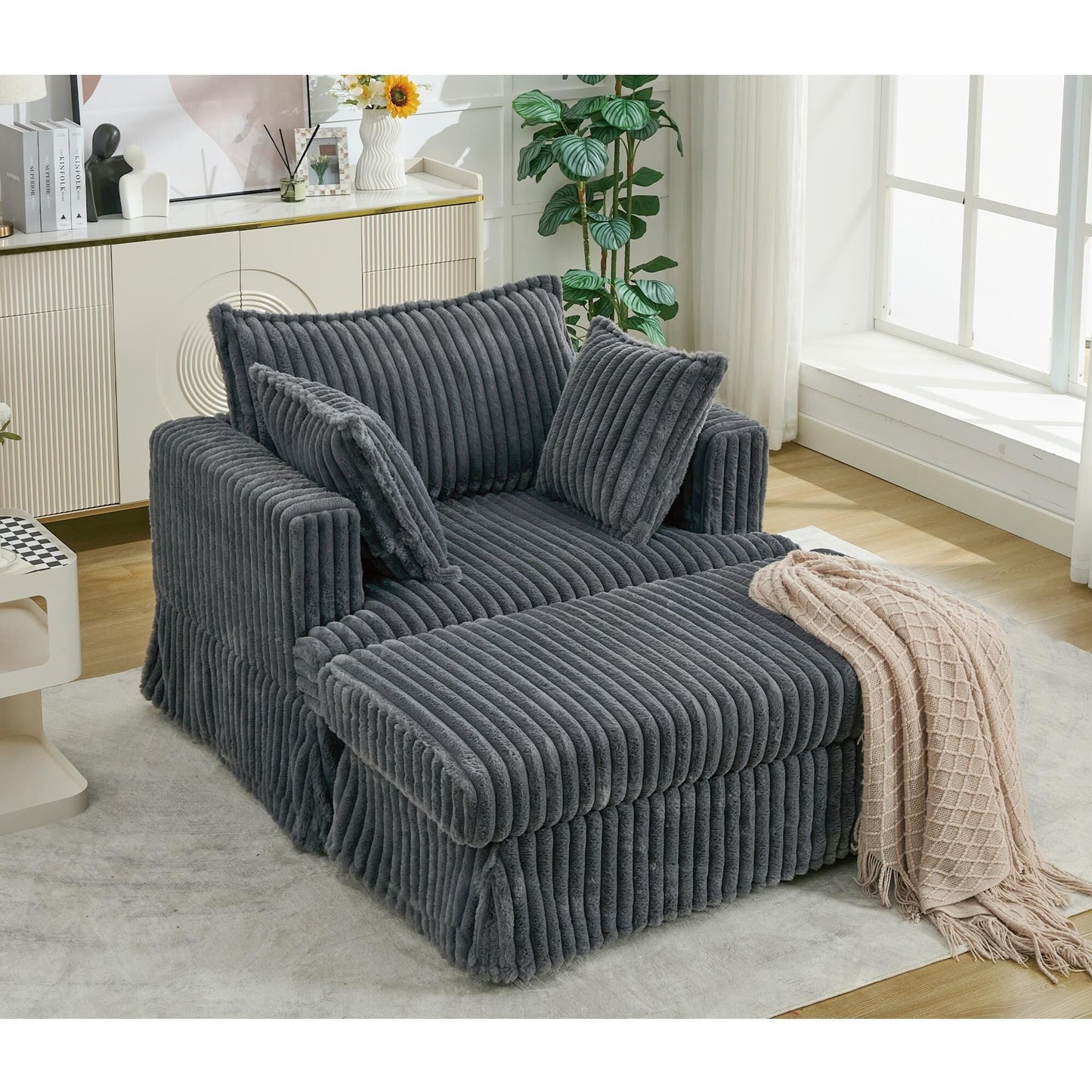 Fauteuil inclinable surdimensionné en velours côtelé, fauteuil à siège profond, canapé simple rembourré et épais avec oreiller et pouf