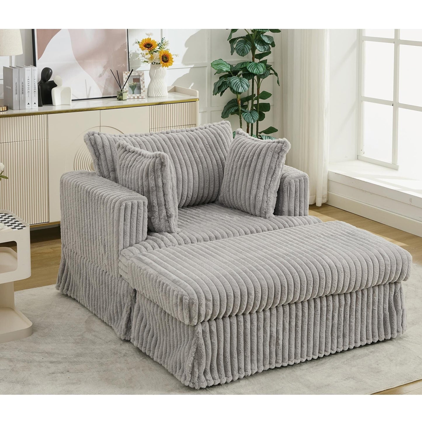 Fauteuil inclinable surdimensionné en velours côtelé, fauteuil à siège profond, canapé simple rembourré et épais avec oreiller et pouf
