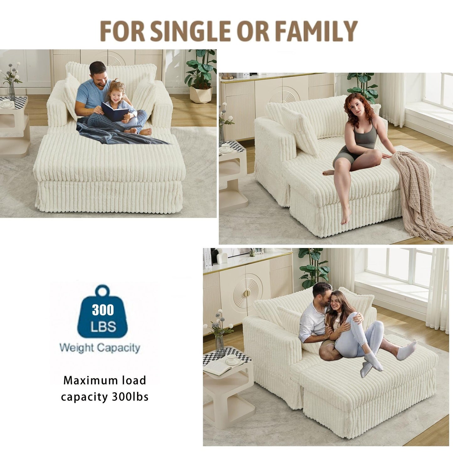 Fauteuil inclinable surdimensionné en velours côtelé, fauteuil à siège profond, canapé simple rembourré et épais avec oreiller et pouf