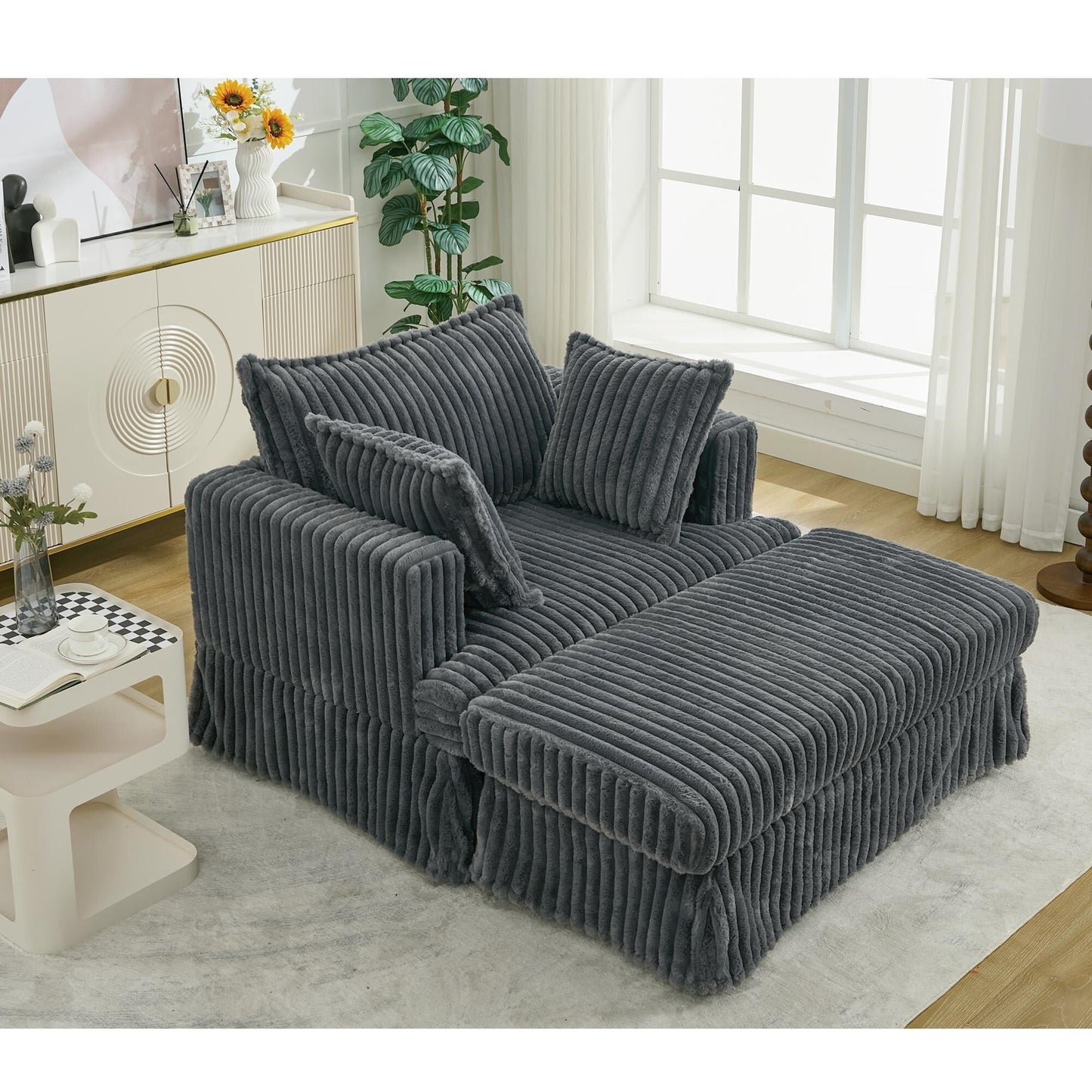 Fauteuil inclinable surdimensionné en velours côtelé, fauteuil à siège profond, canapé simple rembourré et épais avec oreiller et pouf