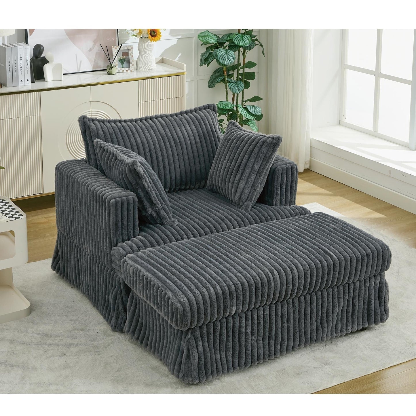 Fauteuil inclinable surdimensionné en velours côtelé, fauteuil à siège profond, canapé simple rembourré et épais avec oreiller et pouf