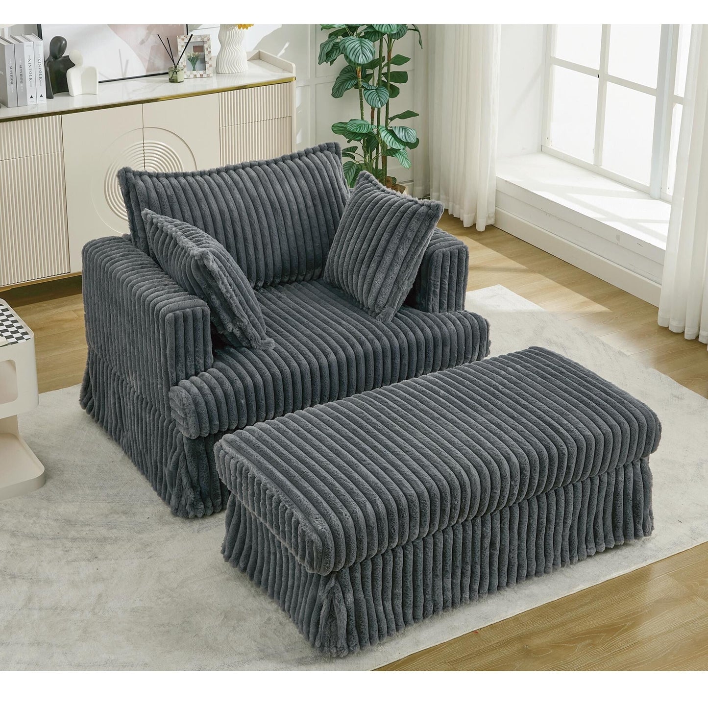 Fauteuil inclinable surdimensionné en velours côtelé, fauteuil à siège profond, canapé simple rembourré et épais avec oreiller et pouf