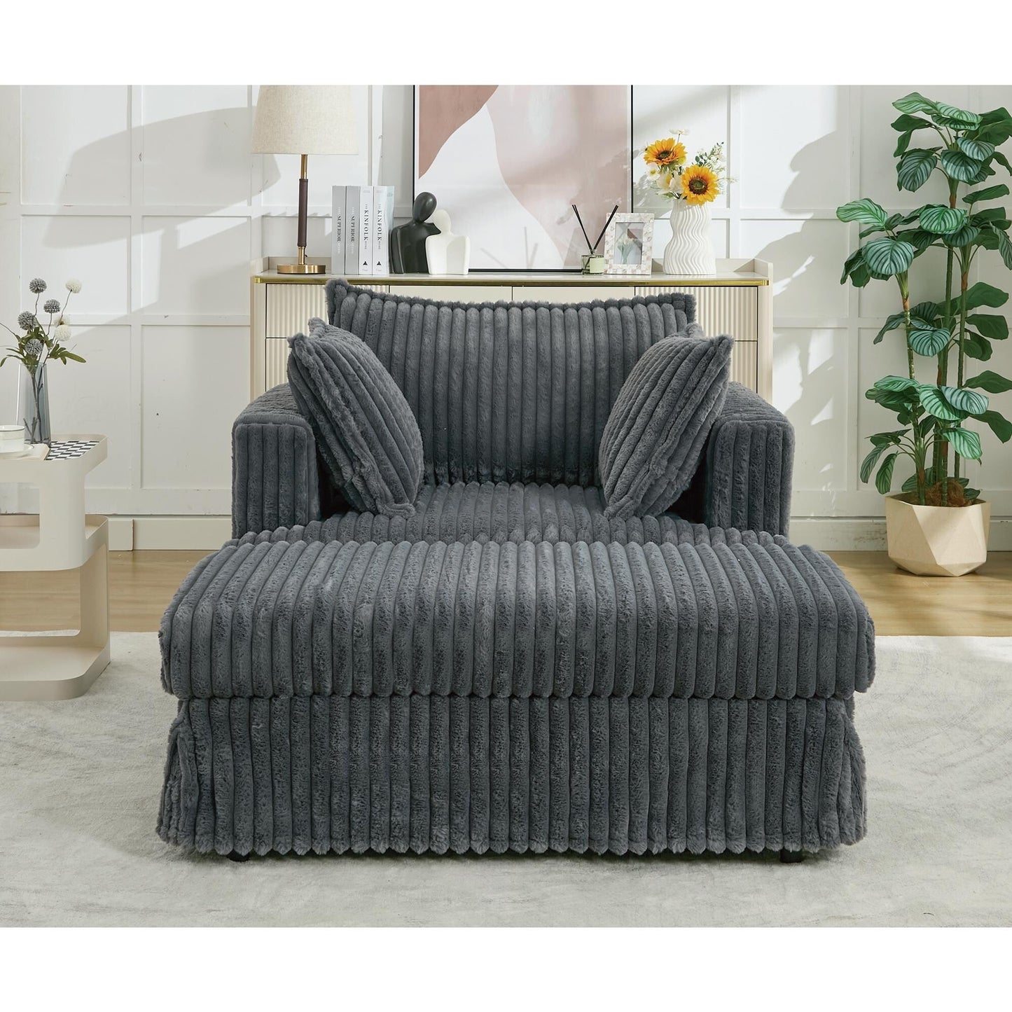 Fauteuil inclinable surdimensionné en velours côtelé, fauteuil à siège profond, canapé simple rembourré et épais avec oreiller et pouf