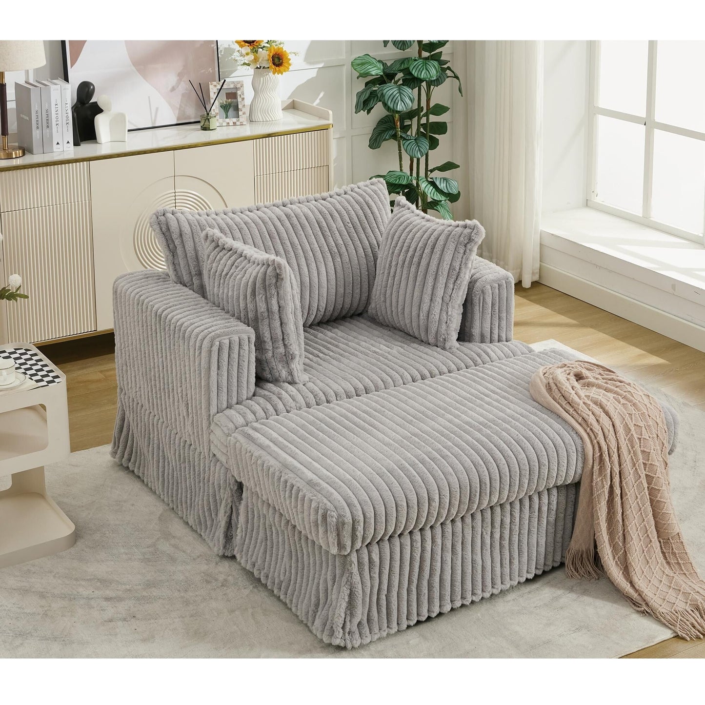 Fauteuil inclinable surdimensionné en velours côtelé, fauteuil à siège profond, canapé simple rembourré et épais avec oreiller et pouf