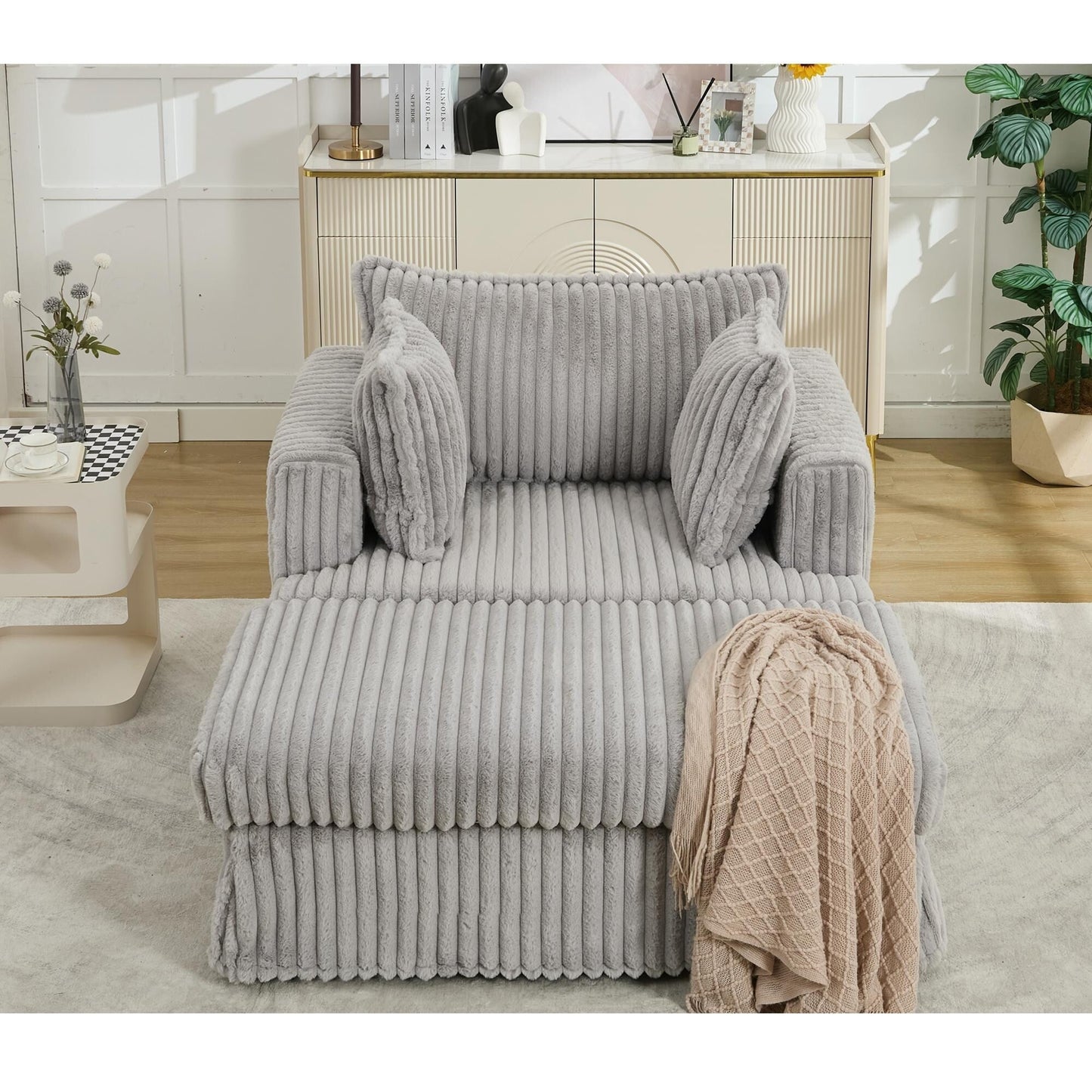 Fauteuil inclinable surdimensionné en velours côtelé, fauteuil à siège profond, canapé simple rembourré et épais avec oreiller et pouf