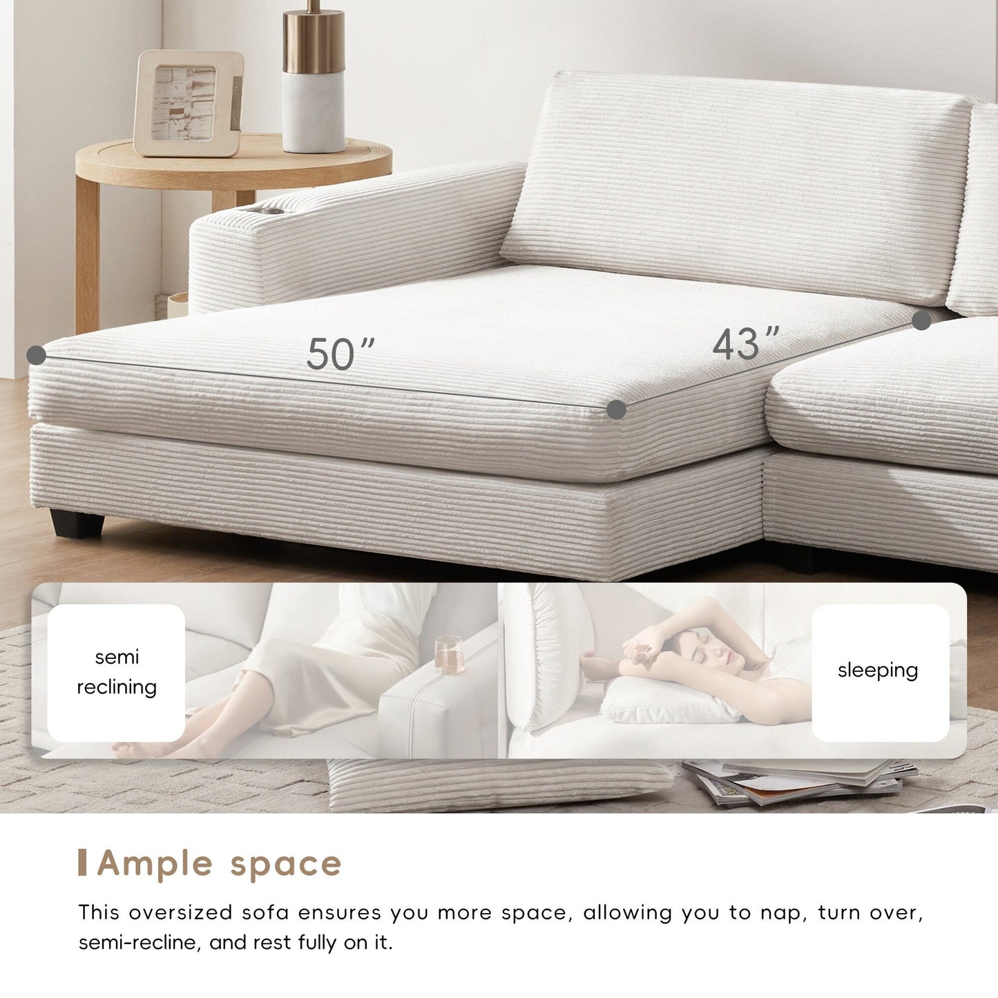 Canapé sectionnel surdimensionné en velours côtelé, canapé nuage en forme de L avec port de chargement USB, porte-gobelet, canapé d'assise profond et large avec méridienne de 50 pouces