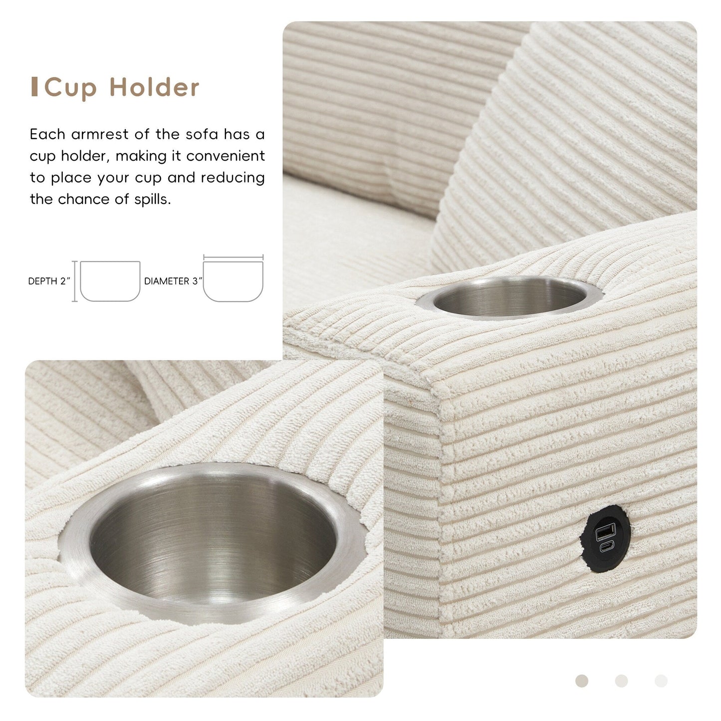 Canapé sectionnel surdimensionné en velours côtelé, canapé nuage en forme de L avec port de chargement USB, porte-gobelet, canapé d'assise profond et large avec méridienne de 50 pouces