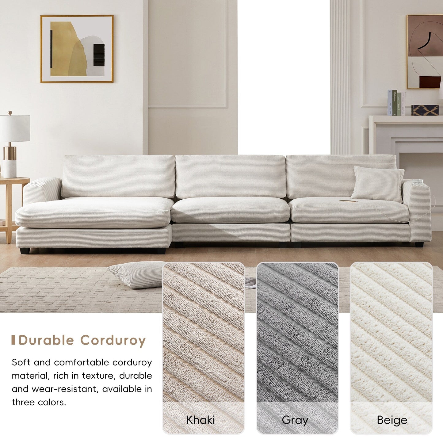 Canapé sectionnel surdimensionné en velours côtelé, canapé nuage en forme de L avec port de chargement USB, porte-gobelet, canapé d'assise profond et large avec méridienne de 50 pouces