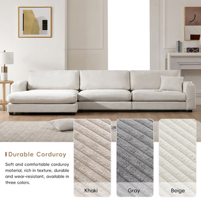 Canapé sectionnel surdimensionné en velours côtelé, canapé nuage en forme de L avec port de chargement USB, porte-gobelet, canapé d'assise profond et large avec méridienne de 50 pouces