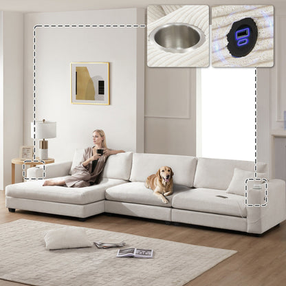Canapé sectionnel surdimensionné en velours côtelé, canapé nuage en forme de L avec port de chargement USB, porte-gobelet, canapé d'assise profond et large avec méridienne de 50 pouces