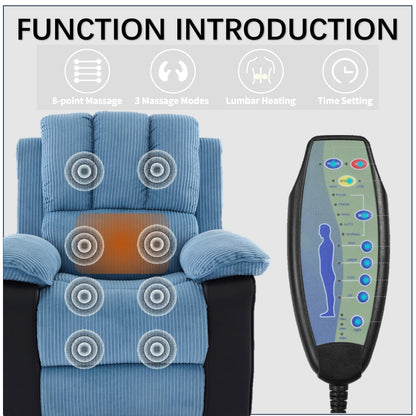 Fauteuil inclinable électrique surdimensionné en velours côtelé avec massage par vibrations, chauffage lombaire et poches latérales