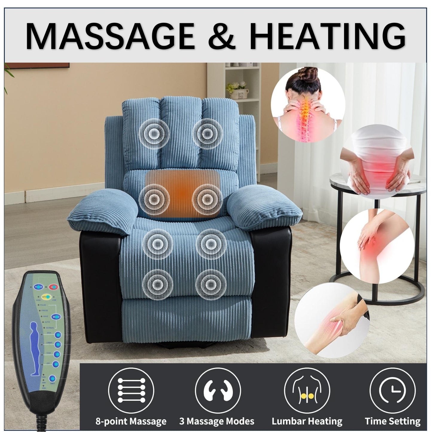 Fauteuil inclinable électrique surdimensionné en velours côtelé avec massage par vibrations, chauffage lombaire et poches latérales