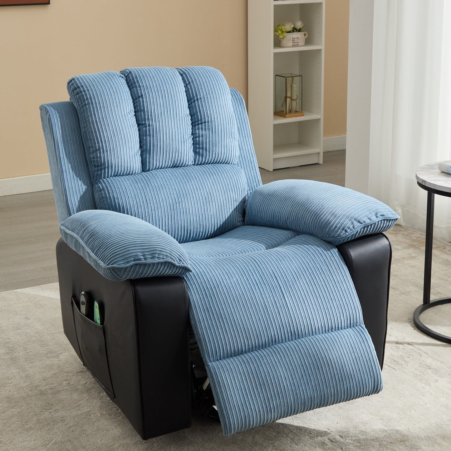 Fauteuil inclinable électrique surdimensionné en velours côtelé avec massage par vibrations, chauffage lombaire et poches latérales