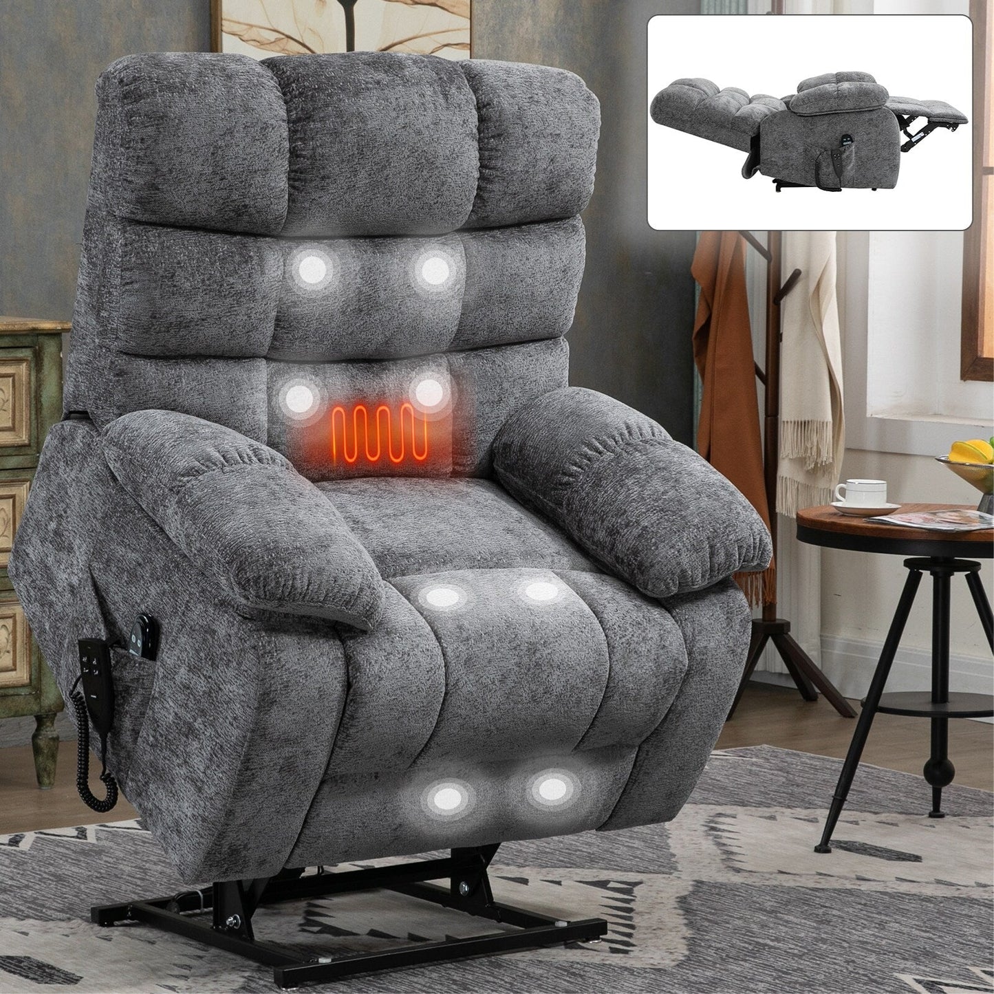 Fauteuil inclinable électrique surdimensionné à deux moteurs, positions infinies, avec massage en 8 points et chauffage lombaire, télécommande électrique