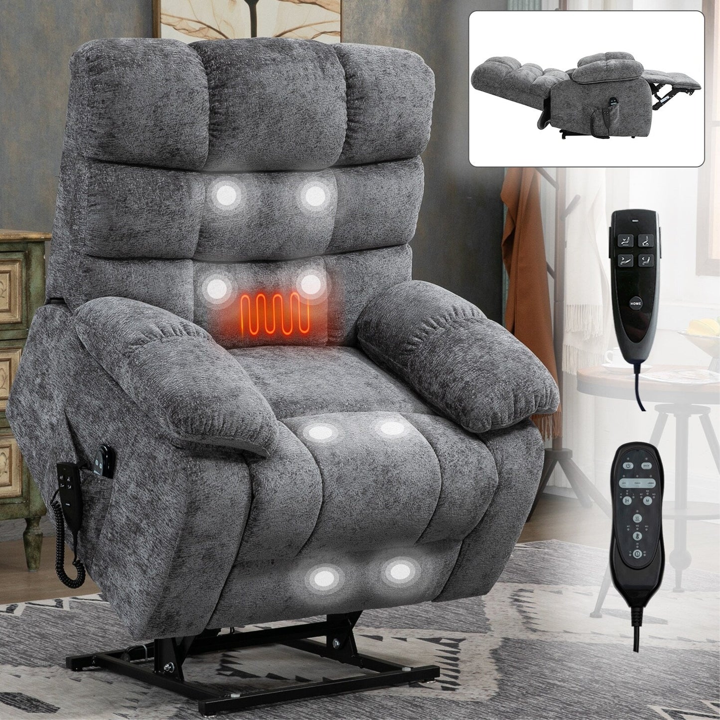 Fauteuil inclinable électrique surdimensionné à deux moteurs, positions infinies, avec massage en 8 points et chauffage lombaire, télécommande électrique