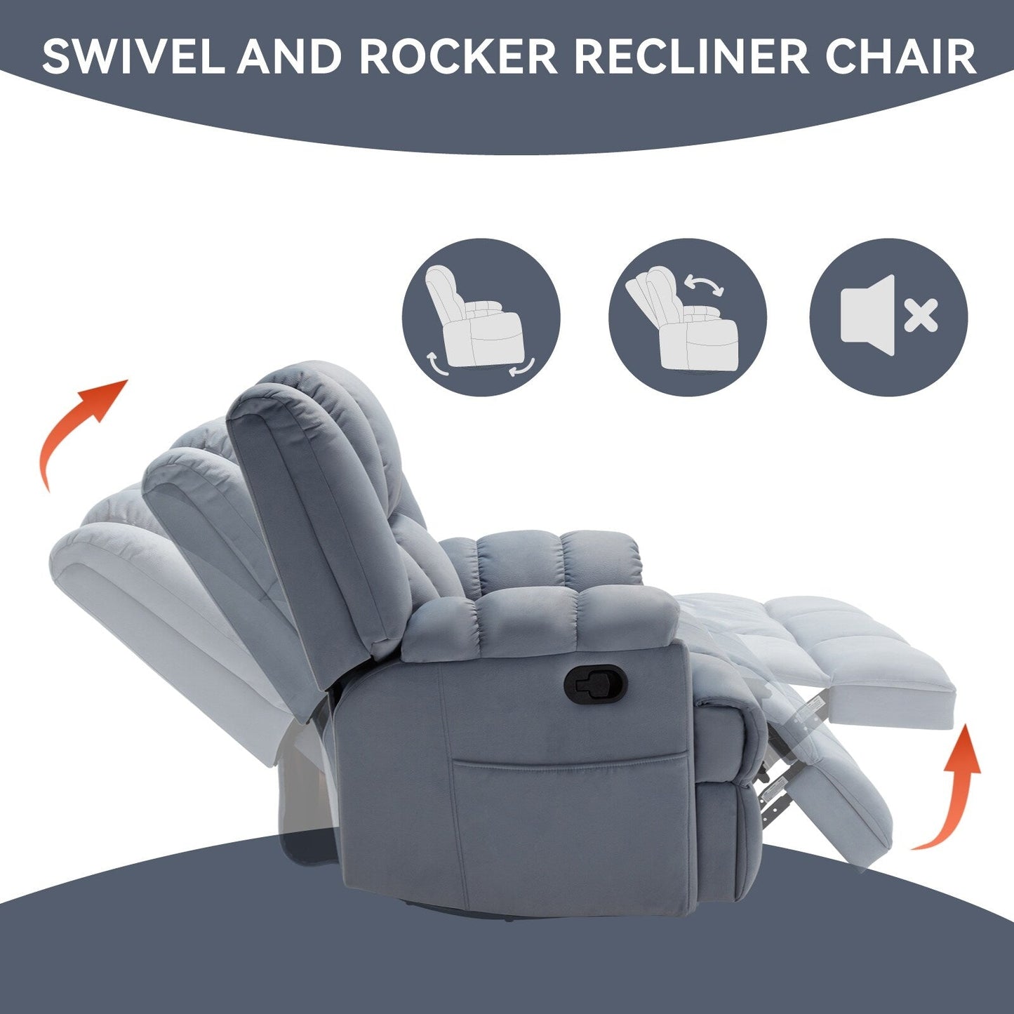 Fauteuil inclinable surdimensionné en tissu avec fonction pivotante et basculante à 360°, commande manuelle pour un confort maximal