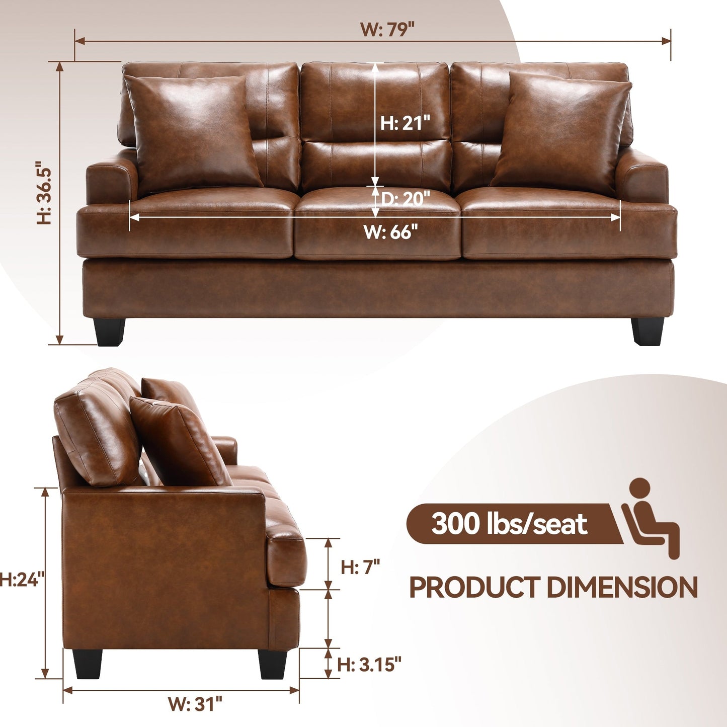 Canapé italien surdimensionné à accoudoirs carrés en similicuir