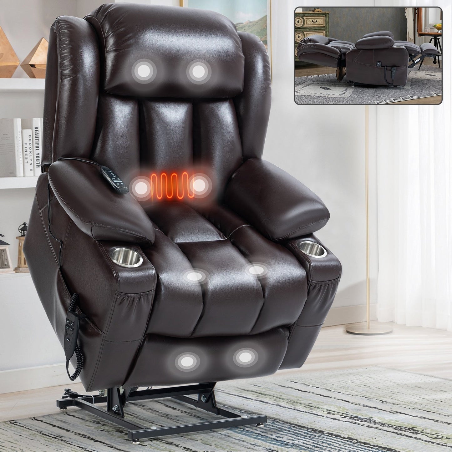 Fauteuil inclinable électrique surdimensionné en similicuir avec massage et chauffage