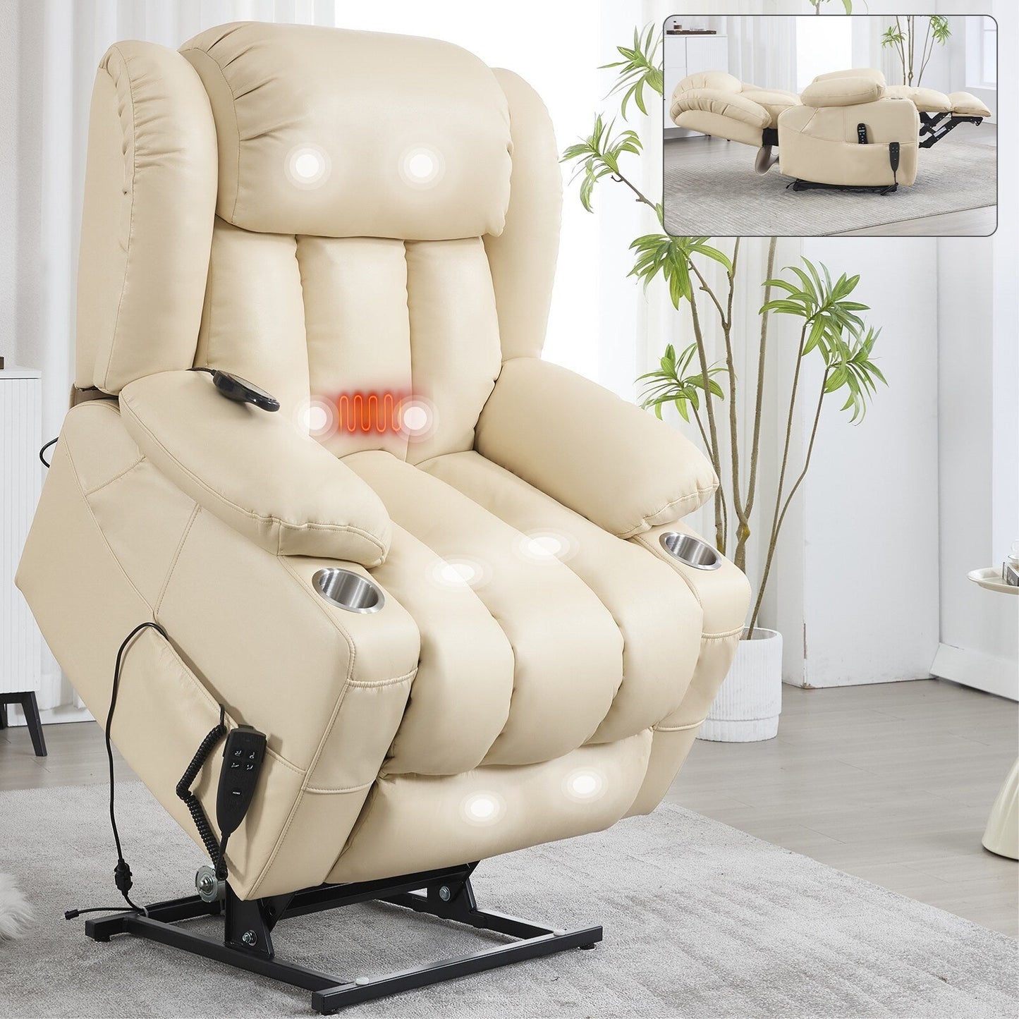 Fauteuil inclinable électrique surdimensionné en similicuir avec massage et chauffage