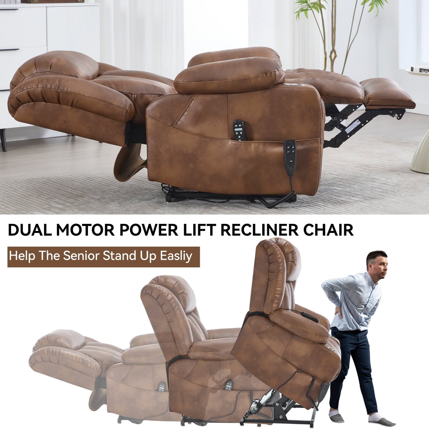 Fauteuil inclinable électrique surdimensionné en similicuir avec massage et chauffage