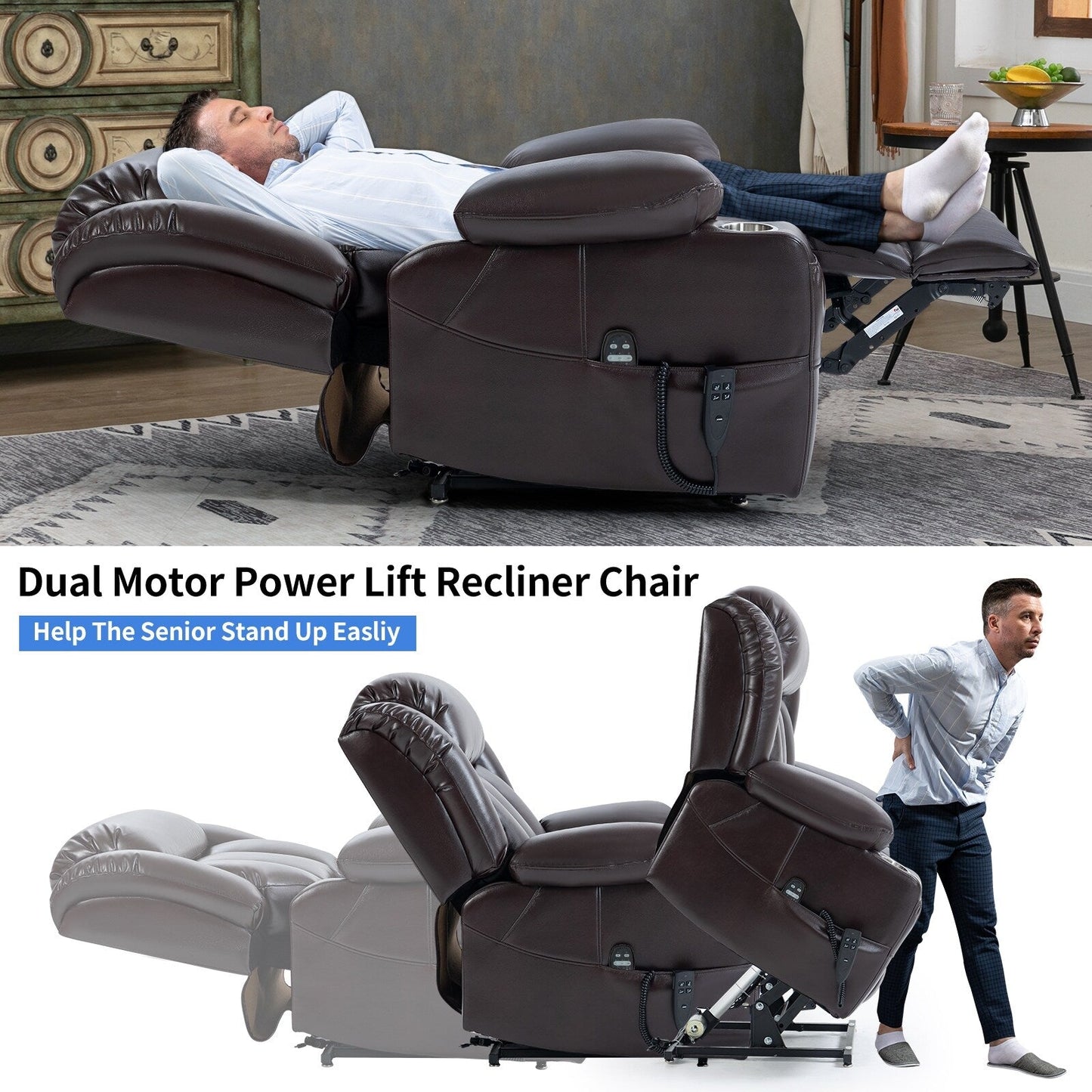 Fauteuil inclinable électrique surdimensionné en similicuir avec massage et chauffage