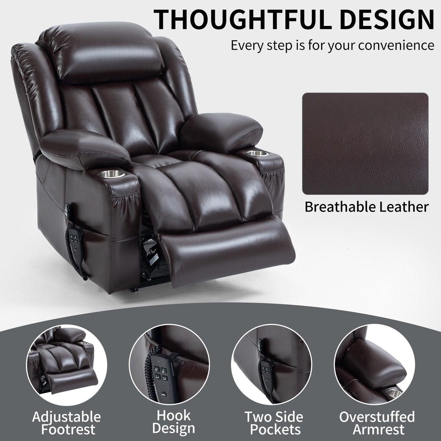 Fauteuil inclinable électrique surdimensionné en similicuir avec massage et chauffage