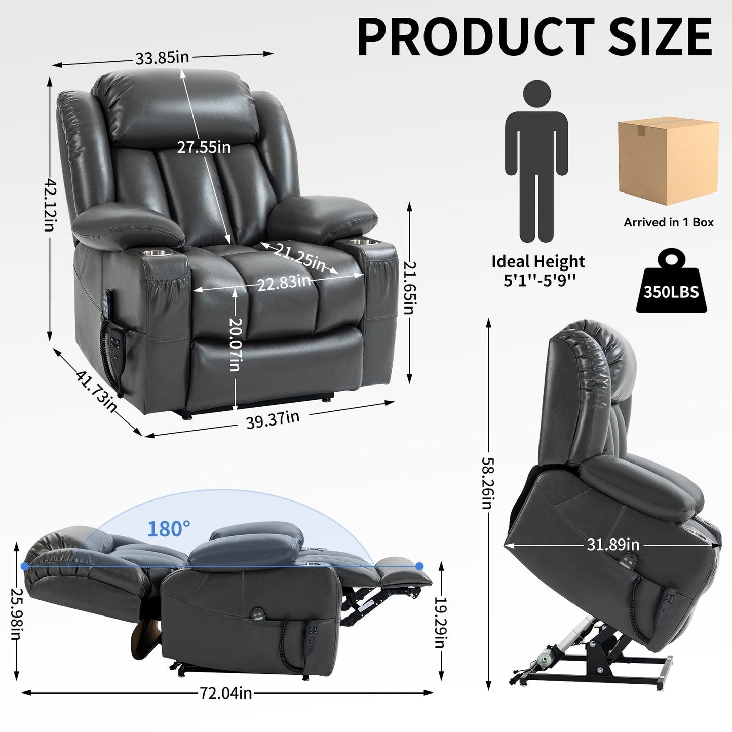 Fauteuil inclinable électrique surdimensionné en similicuir avec massage et chauffage