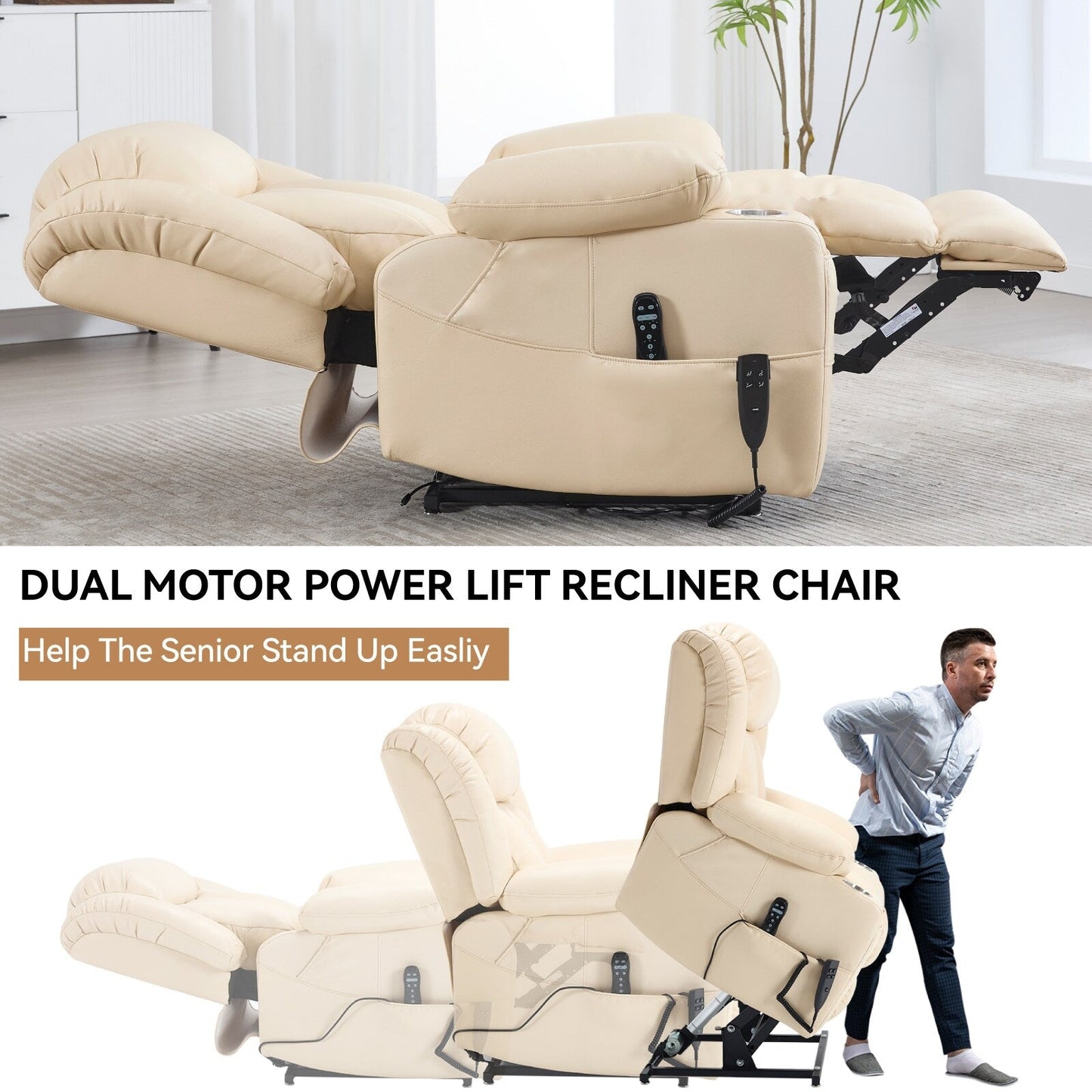 Fauteuil inclinable électrique surdimensionné en similicuir avec massage et chauffage