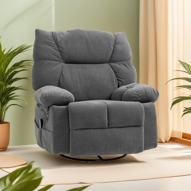 Fauteuil inclinable manuel surdimensionné avec pivot à 360°, bascule, chauffage et massage, repose-pieds et 4 poches de rangement, télécommande incluse