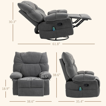 Fauteuil inclinable manuel surdimensionné avec pivot à 360°, bascule, chauffage et massage, repose-pieds et 4 poches de rangement, télécommande incluse