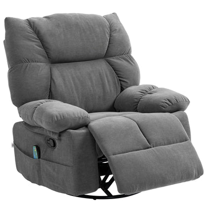 Fauteuil inclinable manuel surdimensionné avec pivot à 360°, bascule, chauffage et massage, repose-pieds et 4 poches de rangement, télécommande incluse