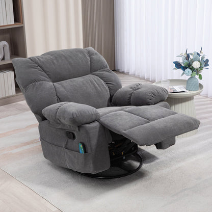 Fauteuil inclinable manuel surdimensionné avec pivot à 360°, bascule, chauffage et massage, repose-pieds et 4 poches de rangement, télécommande incluse