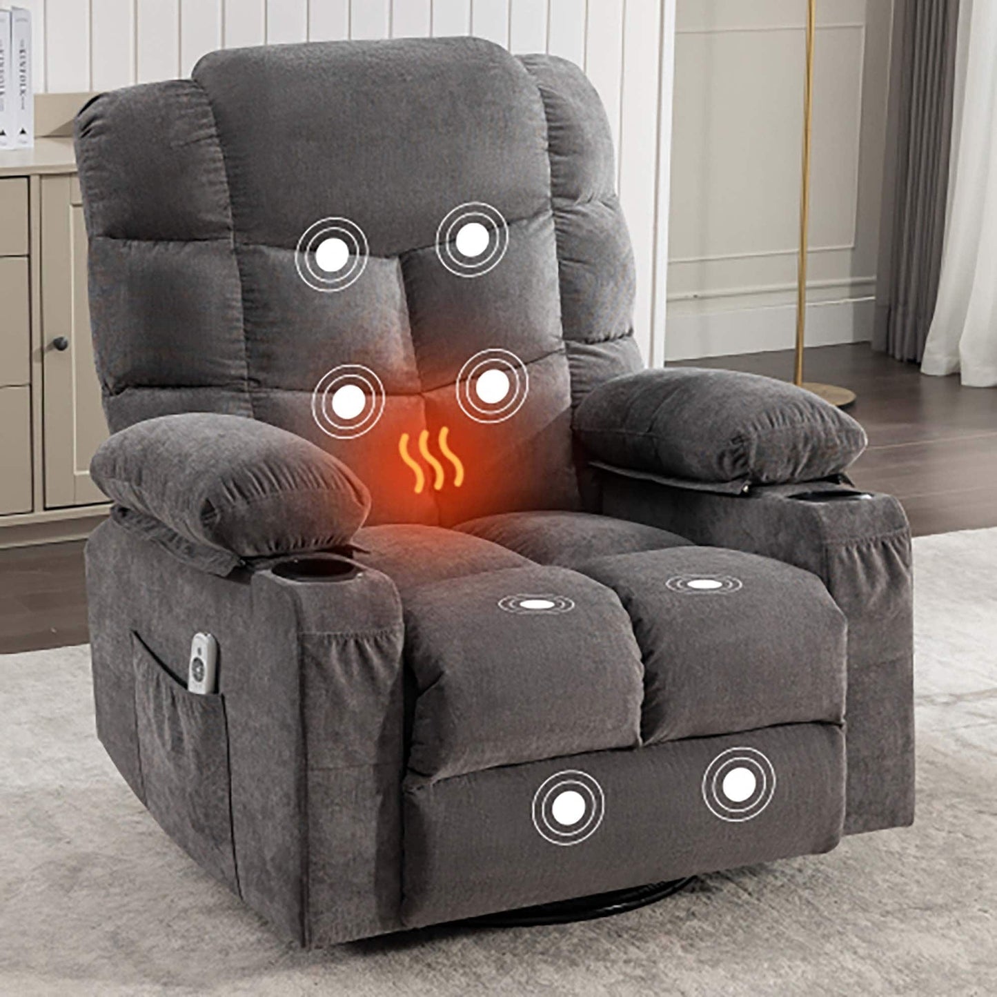 Fauteuil inclinable à bascule de massage surdimensionné avec 2 porte-gobelets