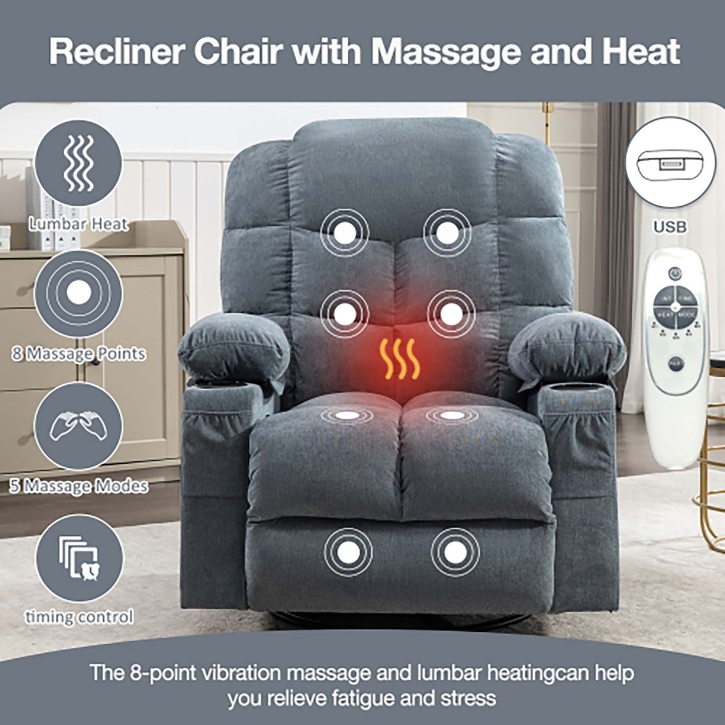 Fauteuil inclinable à bascule de massage surdimensionné avec 2 porte-gobelets