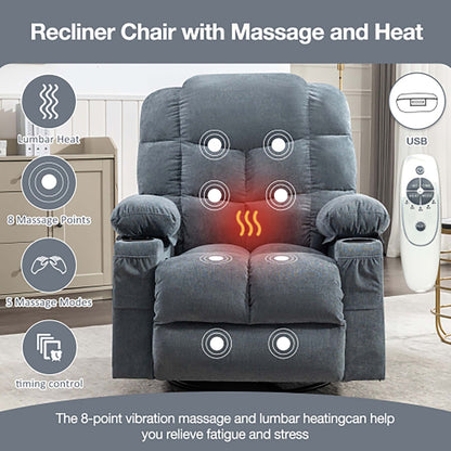 Fauteuil inclinable à bascule de massage surdimensionné avec 2 porte-gobelets