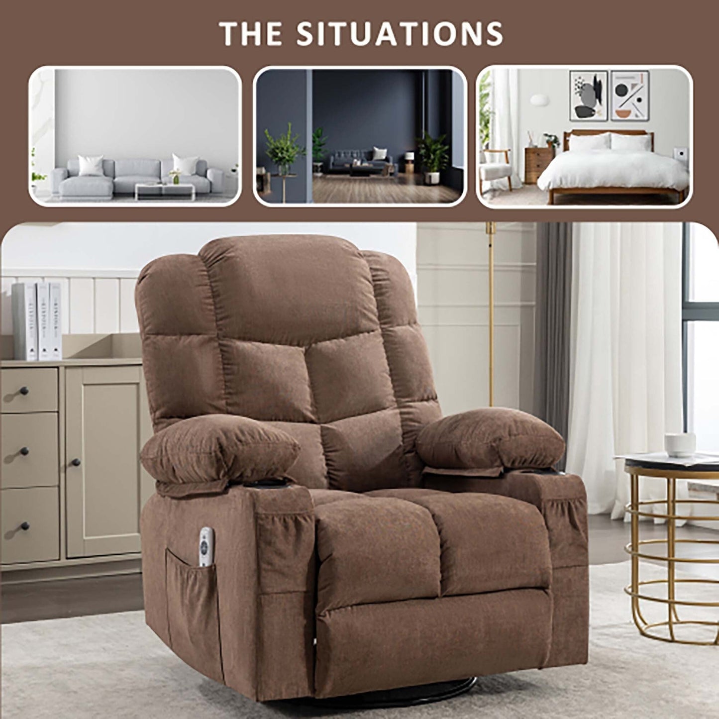 Fauteuil inclinable à bascule de massage surdimensionné avec 2 porte-gobelets