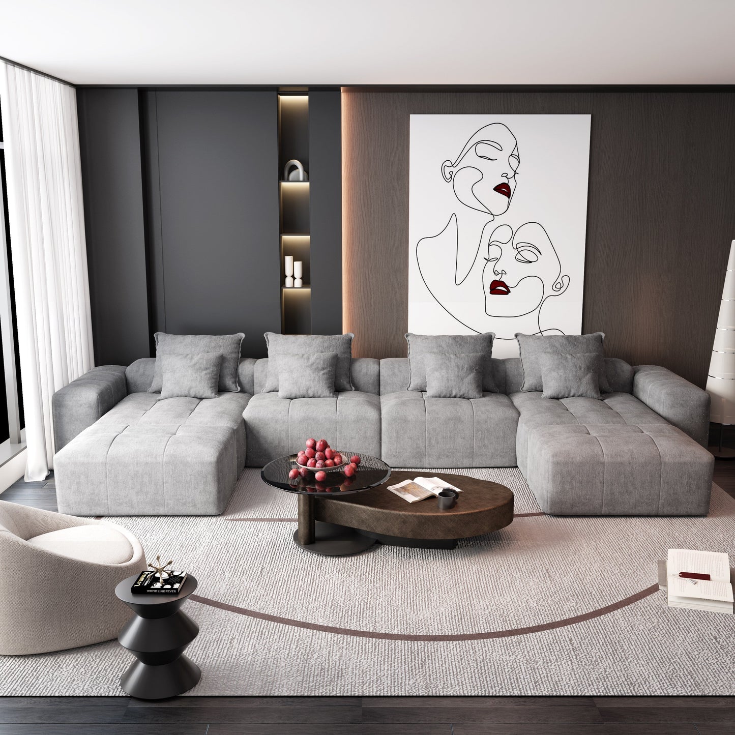 Canapé modulaire surdimensionné 6 places en chenille avec coussins et 8 oreillers pour le salon