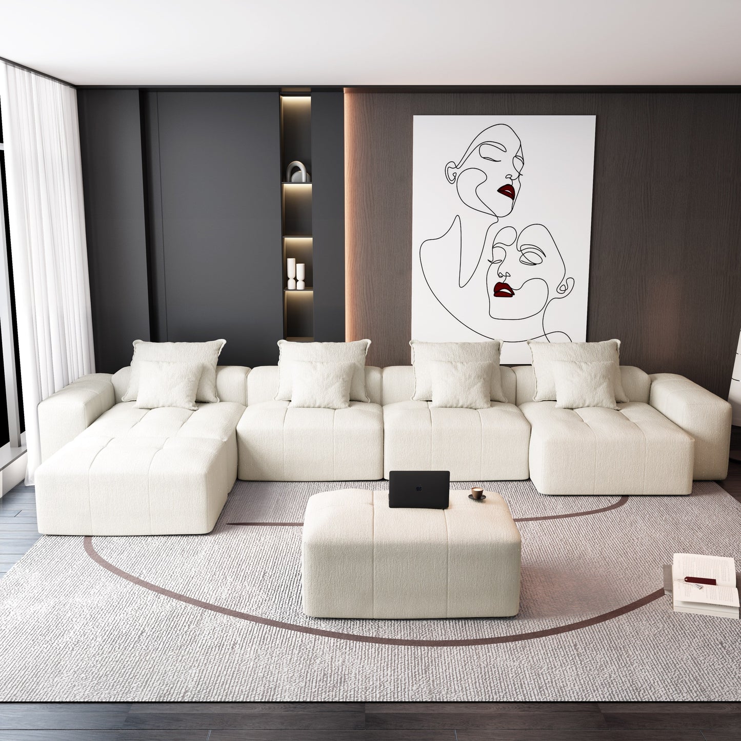 Canapé modulaire surdimensionné 6 places en chenille avec coussins et 8 oreillers pour le salon