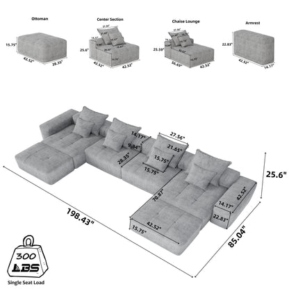 Canapé modulaire surdimensionné 6 places en chenille avec coussins et 8 oreillers pour le salon
