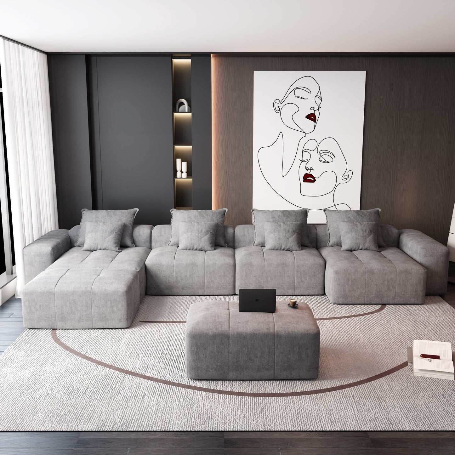 Canapé modulaire surdimensionné 6 places en chenille avec coussins et 8 oreillers pour le salon