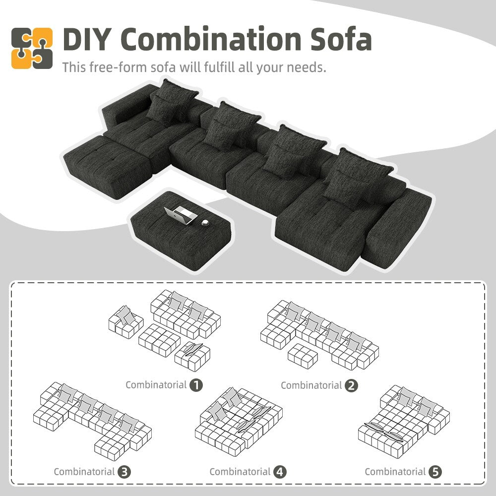 Canapé modulaire surdimensionné 6 places en chenille avec coussins et 8 oreillers pour le salon