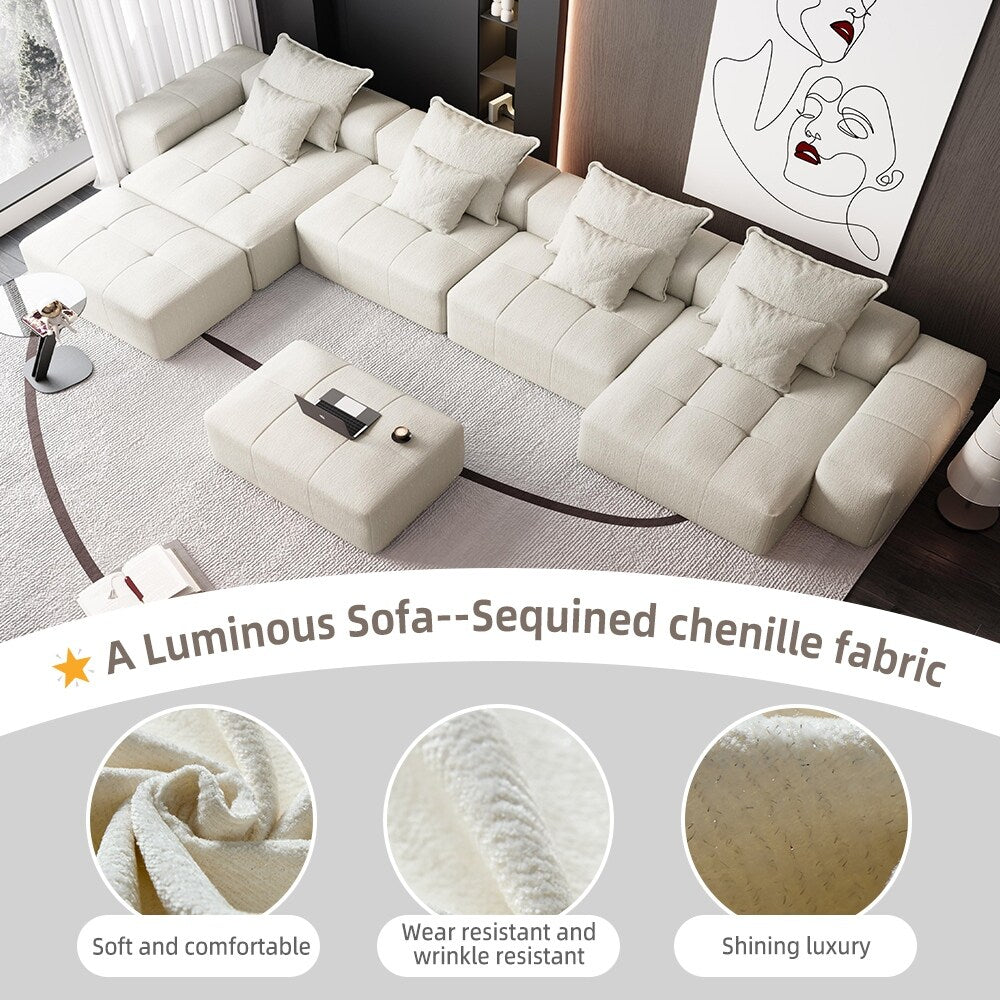 Canapé modulaire surdimensionné 6 places en chenille avec coussins et 8 oreillers pour le salon