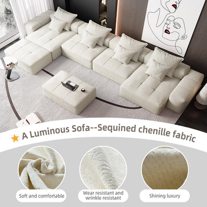 Canapé modulaire surdimensionné 6 places en chenille avec coussins et 8 oreillers pour le salon