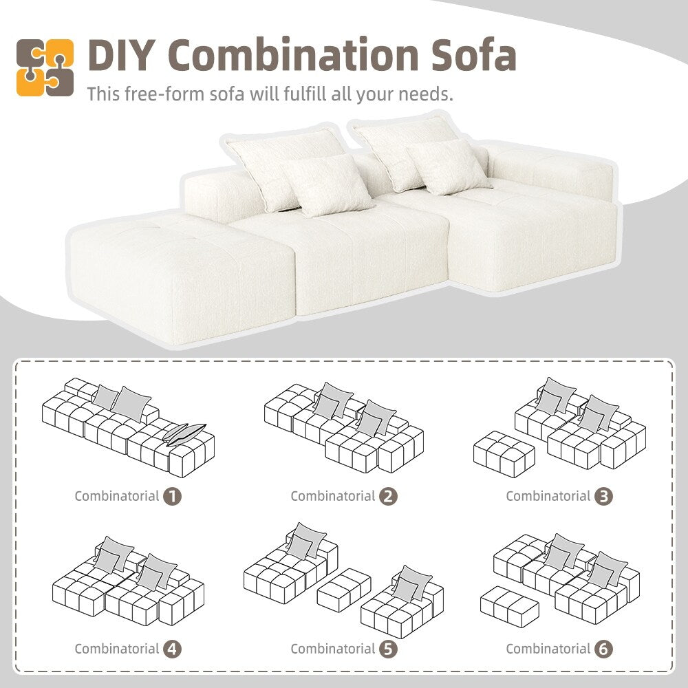 Canapé modulaire sectionnel surdimensionné en chenille avec pouf, méridienne, 1 accoudoir et 4 coussins pour le salon