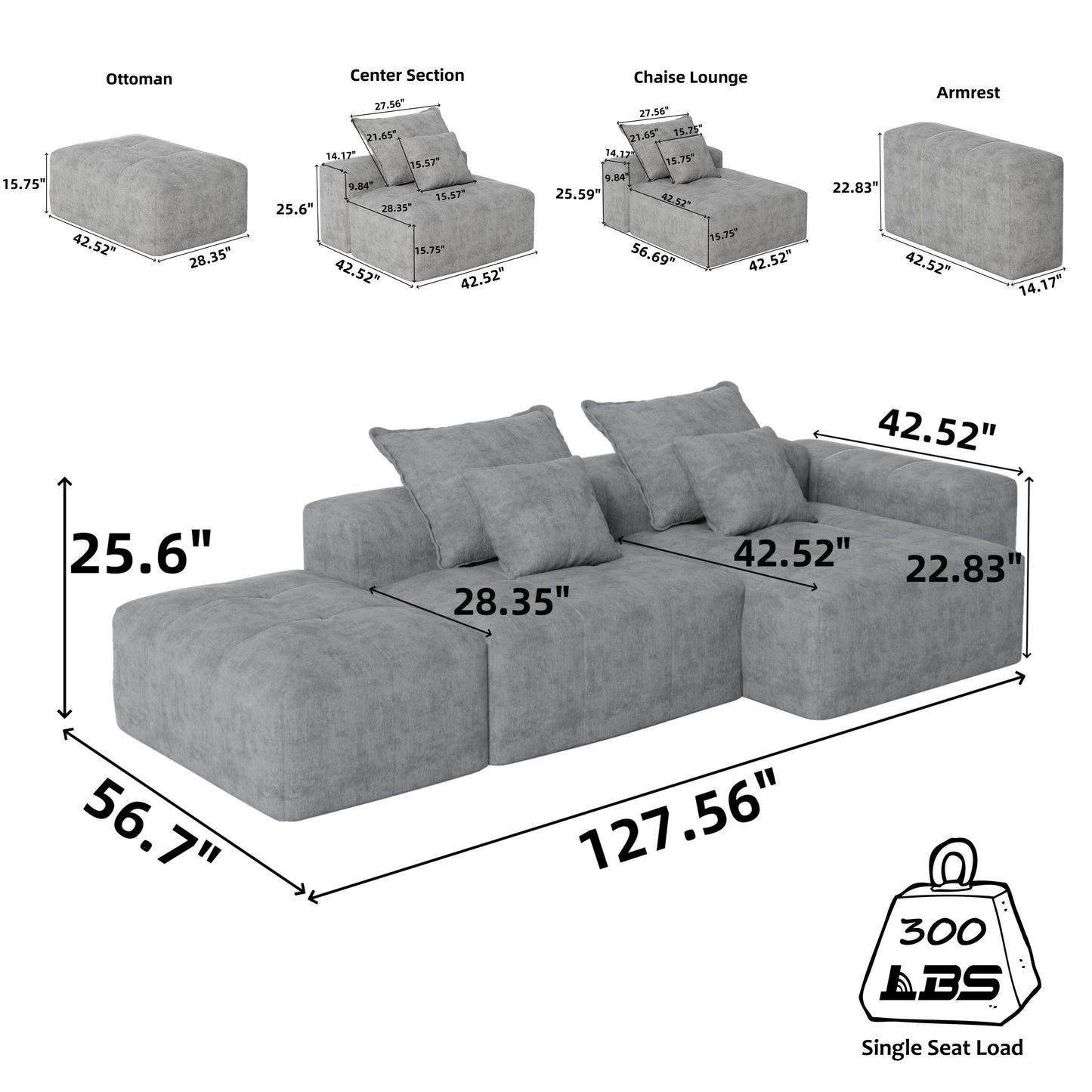Canapé modulaire sectionnel surdimensionné en chenille avec pouf, méridienne, 1 accoudoir et 4 coussins pour le salon