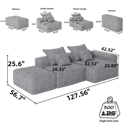 Canapé modulaire sectionnel surdimensionné en chenille avec pouf, méridienne, 1 accoudoir et 4 coussins pour le salon