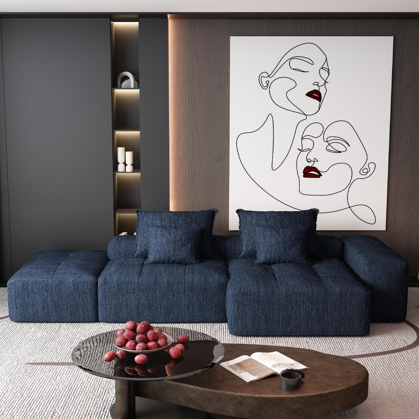 Canapé modulaire sectionnel surdimensionné en chenille avec pouf, méridienne, 1 accoudoir et 4 coussins pour le salon