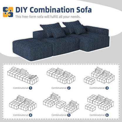 Canapé modulaire sectionnel surdimensionné en chenille avec pouf, méridienne, 1 accoudoir et 4 coussins pour le salon
