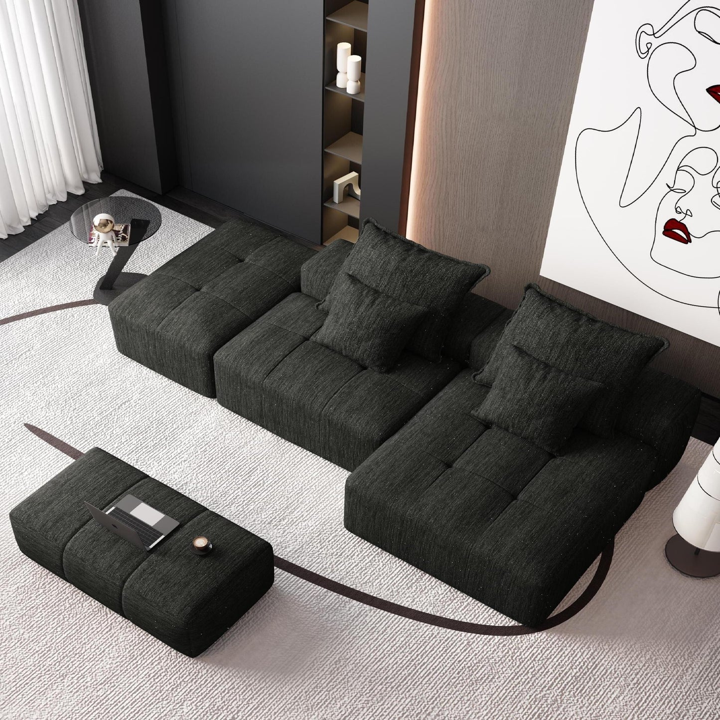 Canapé modulaire sectionnel surdimensionné en chenille avec pouf, méridienne, 1 accoudoir et 4 coussins pour le salon